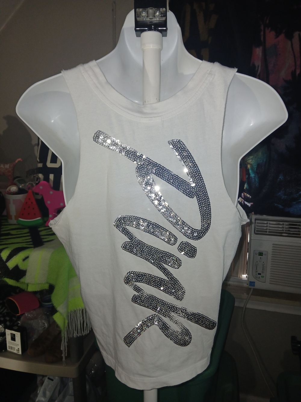 White Tank Top Slight Crop Sequined Bling Black Mesh Front Fun Casual Summer XS